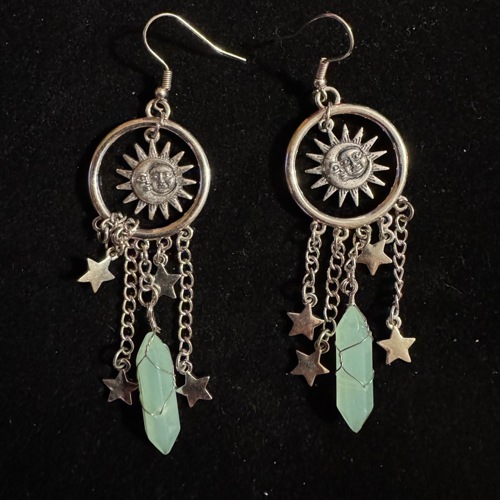 Celestial Moon Sun Star Chandelier Silver Tone Faux Crystal Dangle Earrings
